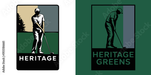 Vector logo set featuring two stylized illustrations of a golfer preparing to swing a club representing a golf club brand.