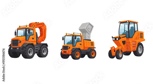 Orange Construction Vehicles Side View.