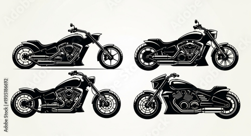 Four Black Chopper Motorcycles Side View Silhouette.