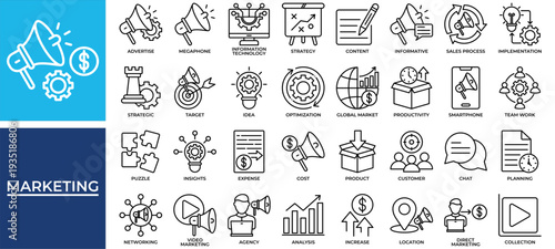 Marketing icon set collection. Containing increase, info, networking, puzzle, advertise, advice, planning .Line vector icons collection