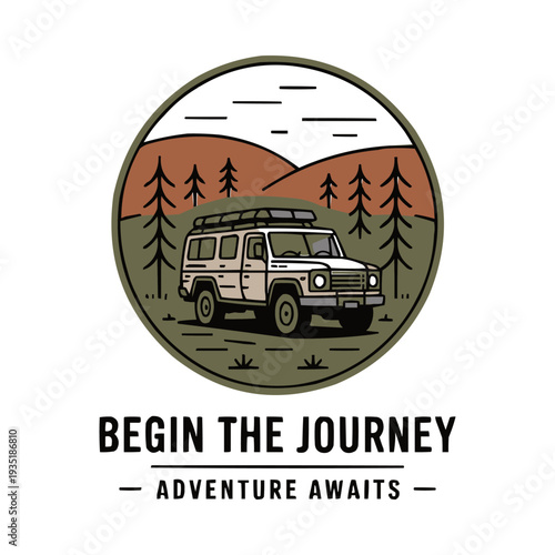Vintage adventure badge illustration featuring a classic off-road vehicle with a roof rack driving through a serene forest landscape, inspiring travel and exploration.