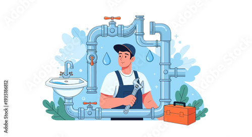 Plumber Working with Tools and Pipes.