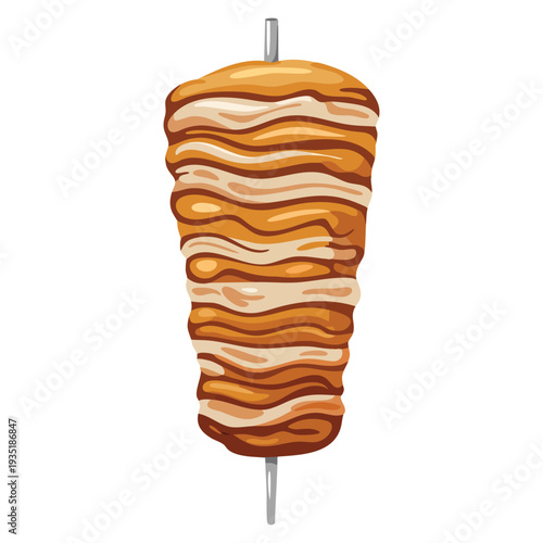 Doner kebab shawarma consisting of meat cut into thin slices stacked in cone like shape and roasted on slowly turning vertical spit food vector design