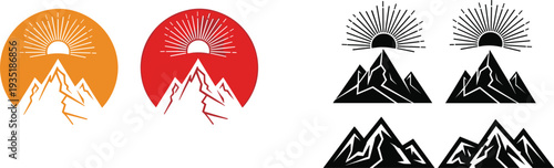 Mountain landscape sunset and sunrise logo icons set with peaks sun rays outdoor adventure vector illustration