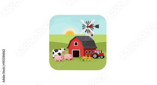 Red Barn Farmhouse with Cow and Tractor.