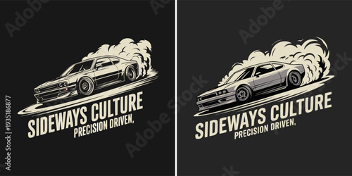 Graphic design featuring a classic sports coupe performing a burnout and emitting thick smoke representing sideways car culture.