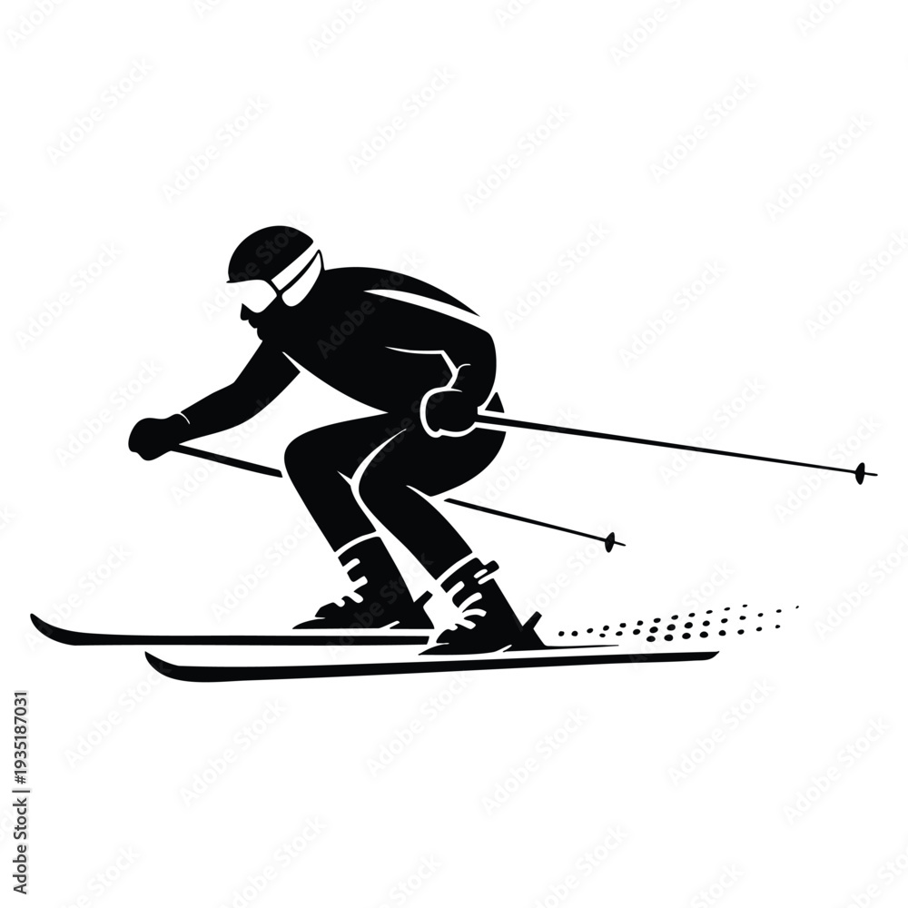 Fototapeta premium Downhill skier icon with winter sports athlete silhouette in action on mountain slope concept of skiing resort outdoor activity and sport design