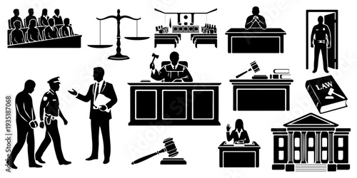 Set of law and justice silhouettes, including judge, lawyers, courtroom scenes, police, scales of justice, and legal equipment isolated