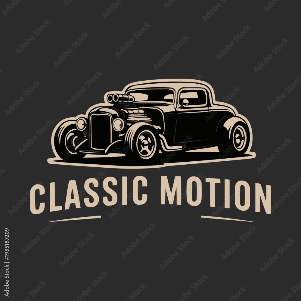 Fototapeta premium A captivating stylized illustration showcasing a powerful vintage hot rod classic car with custom features, perfectly paired with bold 
