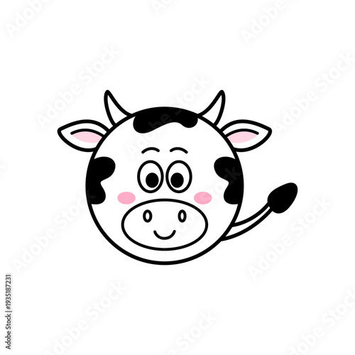 Happy cartoon cow head illustration in simple outline style, black and white farm animal character icon for baby activities, children worksheets, and teacher resources