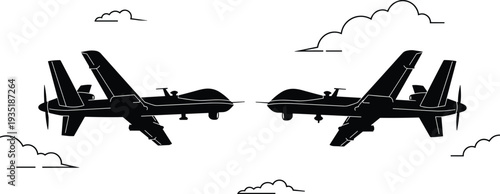 Flat vector illustration of drones, unmanned aerial vehicles, modern technology, global surveillance, sky flight, military and civilian aerial operations scene