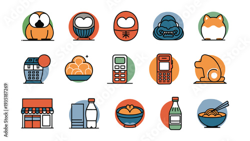 Collection of stylized flat design icons representing various objects like animals food drink and technology elements for user interface use
