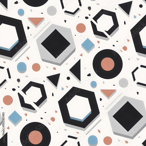 terrazzo pattern scattered with black hexagons circles and colorful fragments