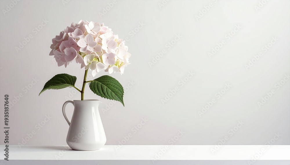 Fototapeta premium Light Pink Hydrangea in White Vase Minimalist Floral Arrangement Tranquil Still Life Photography.