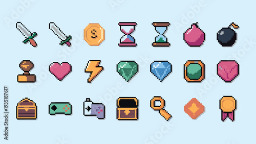 Collection of colorful pixel art game assets including swords gems bombs hearts controllers and treasure chests displayed neatly.