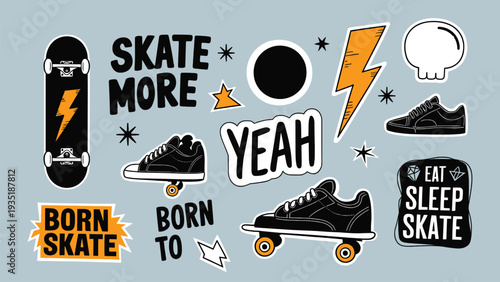 A dynamic collection of black and orange skateboarding themed graphic stickers featuring phrases and footwear elements perfect for youth designs.