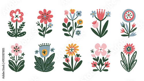 A delightful collection of hand-drawn stylized folk art flowers in various shapes and colors perfect for spring and summer decorations, offering a whimsical and charming aesthetic design.
