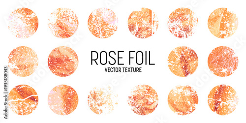 Grunge rose gold foil, shiny handmade circles. Golden glittering texture, pattern. Luxury shining hand drawn background. Wedding, greeting card decoration elements. Modern art. Vector illustration