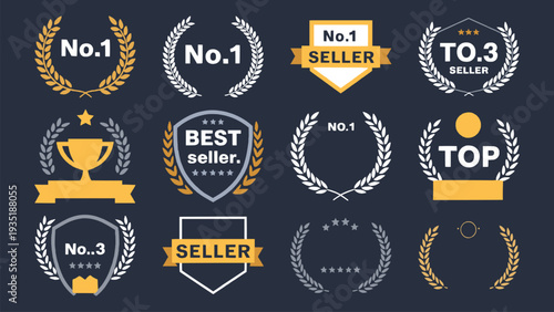 A comprehensive collection of award badges and laurel wreaths representing achievement, success, and top performance, perfect for recognizing excellence and quality products or services.