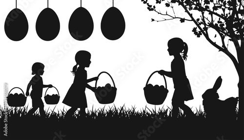 Easter egg hunt silhouette with children, baskets, and rabbit in grassy field.