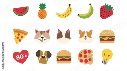 A collection of cute flat vector icons featuring food items like fruit pizza burgers and adorable animal faces