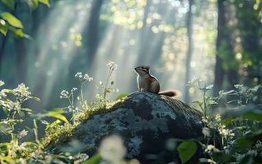 Deken met foto Kamperen Tiny chipmunk on a moss-covered rock surrounded by lush green forest and warm sunlight rays  © DnQajik