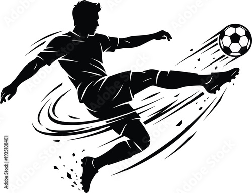 Flat vector illustration of soccer player, powerful kick, dynamic motion, athletic silhouette, sports action, football energy, global competitive game scene