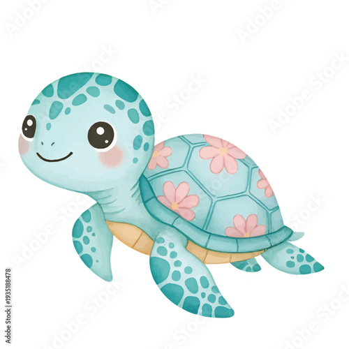 Cute green turtle with shell isolated on white background
