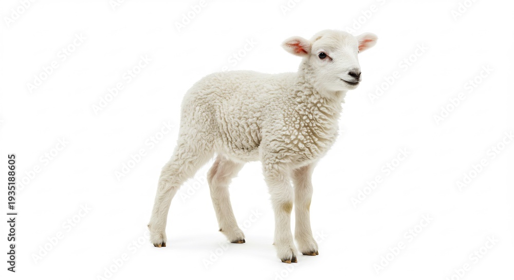 Fototapeta premium Tiny fluffy white lamb stands alertly on a bright clean white background bathed in soft light. AI Generated