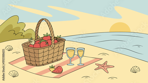 Romantic beach picnic setup with basket, wine, and fresh fruit