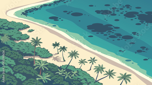 Tropical beach with lush greenery and palm trees by turquoise ocean