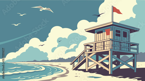 Vibrant beach scene with lifeguard tower and seagulls flying overhead