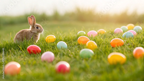 Rabbit sits on grass surrounded by colorful eggs during an Easter egg hunt in a sunny field