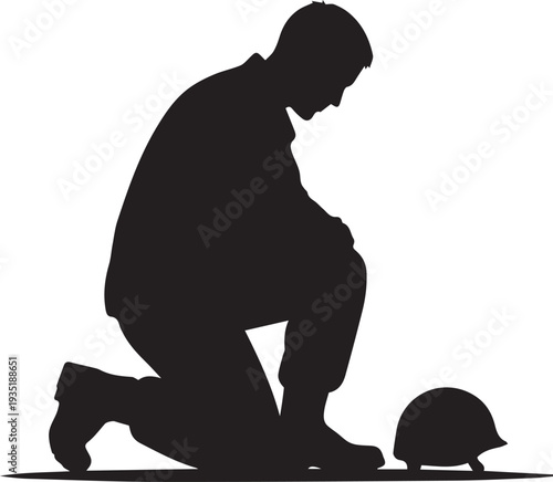Soldier kneeling with helmet vector silhouette illustration line art in mourning