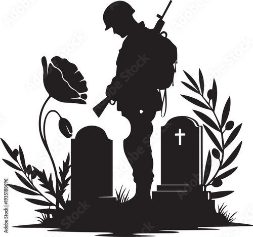 Soldier silhouette illustration with graves and poppy flower vector line art
