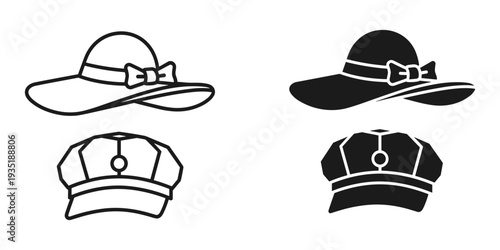 Four classic black and white flat caps and newsboy hats vector illustration set isolated on white background