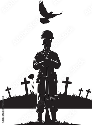 Soldier guarding graves at cemetery illustration vector silhouette with dove
