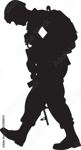 Soldier with rifle vector silhouette illustration line art walking with backpack