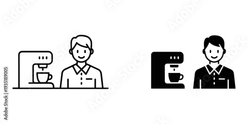 Professional barista and businessman enjoying coffee break in modern office with espresso machine illustration