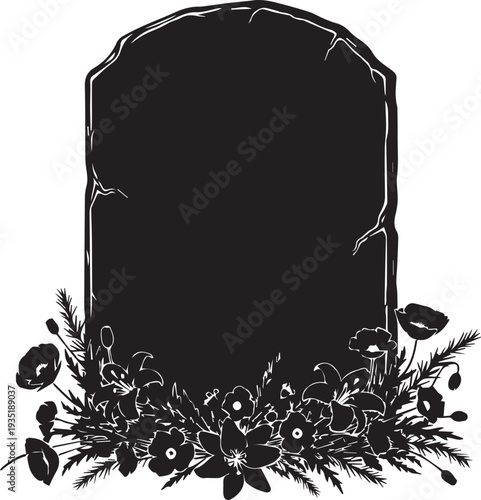 Tombstone vector silhouette illustration with flower wreath line art on transparent background