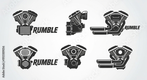 Motorcycle Engine Icons Set V Twin Power.