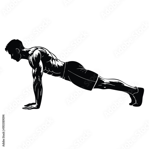 Fitness workout routine man doing push up exercise silhouette strong male body home training activity design