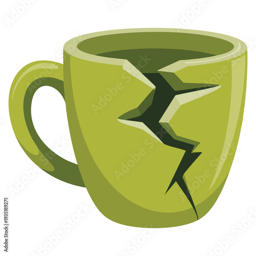 Flat color broken green coffee cup mug drink beverage vector illustration template design perfect for cafe branding kitchen concept and spilled drink themes