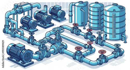 Industrial water pump system with pipes and valves.