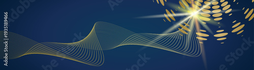 Abstract horizontal banner with golden wavy lines, halftone dots, and lens flares on dark backgrounds. Luxury elegant vector backdrops for website headers and corporate design