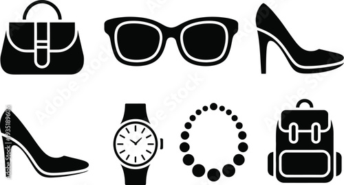 Vector icons of fashion accessories handbag glasses high heel shoe jewelry and watch