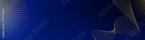 Abstract horizontal banner with golden wavy lines, halftone dots, and lens flares on dark backgrounds. Luxury elegant vector backdrops for website headers and corporate design