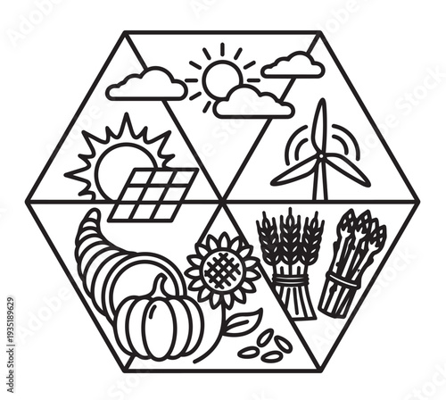 Ilustración hexagonal de sostenibilidad con iconos de energía solar, eólica, agricultura orgánica y cosecha de otoño