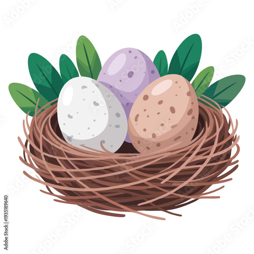 Flat icon of bird eggs inside nest created as a vector illustration, ideal for nature concepts, wildlife elements, spring decoration and educational materials