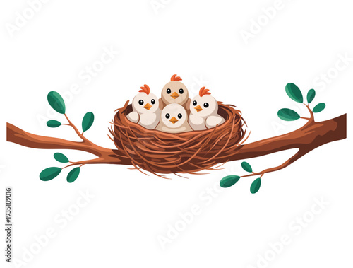 Flat icon of tree branch with bird nest with chicks inside created as vector illustration, perfect for ecology themes, spring artwork and natural design elements